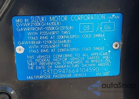 2006 Suzuki Grand Vitara Luxury из США, поврежденный, VIN JS3TD947664104590